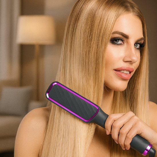 femme blonde avec brosse a cheveux chauffante