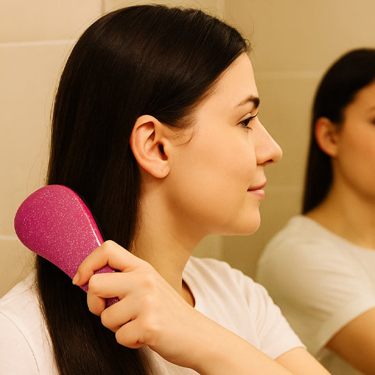 femme se coiffant avec brosse cheveux demelante