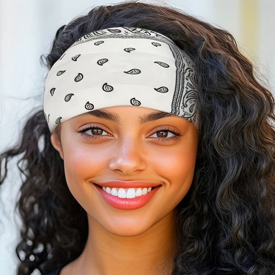 femme souriante avec bandeau cheveux blanc