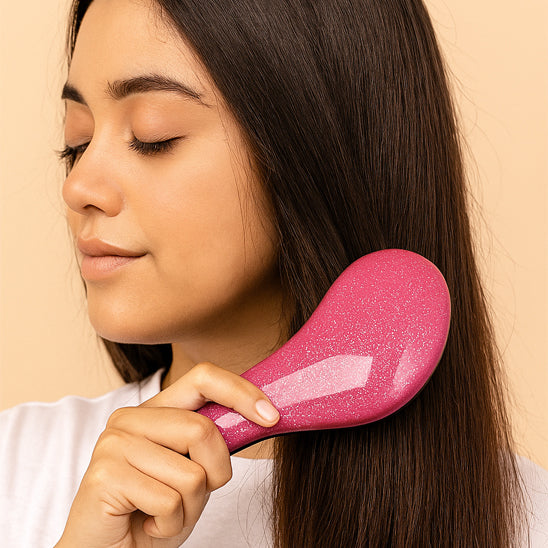 femme utilisant brosse cheveux demelante