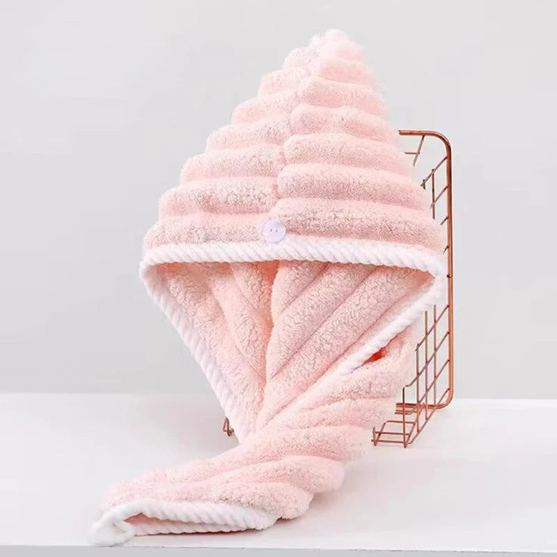 serviette cheveux microfibre rose lisere blanc