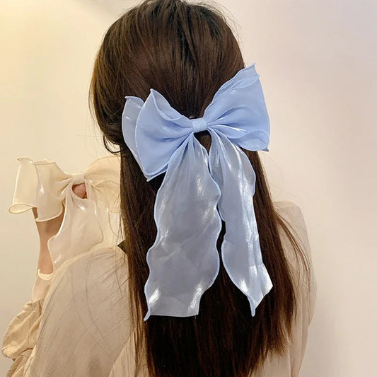 femme portant barrette cheveux satin bleue